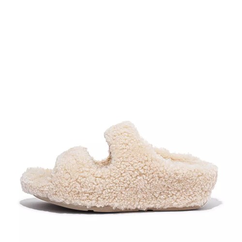 Fitflop SHUV Two-Bar Shearling Badesandaler Dame Pisket Krem | 619785-E