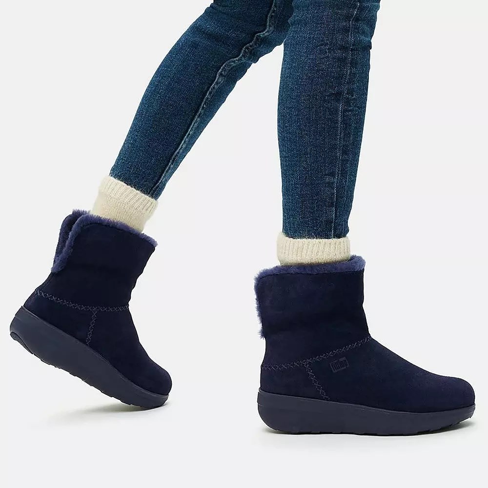 Fitflop MUKLUK SHORTY Shearling-Forede Semsket Skinn Ankelstøvletter Dame Marineblå | 780965-S