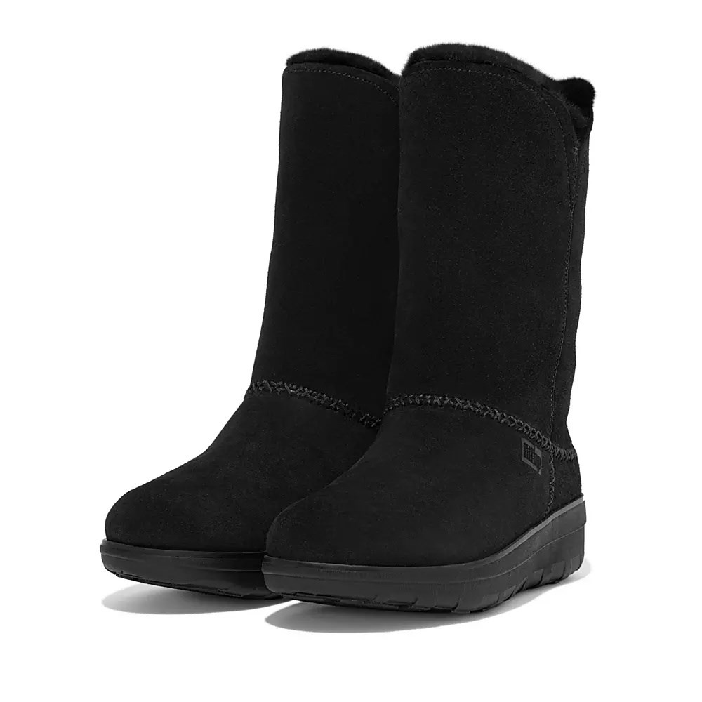 Fitflop MUKLUK Shearling-Forede Semsket Skinn Lærstøvler Dame Svarte | 213950-J