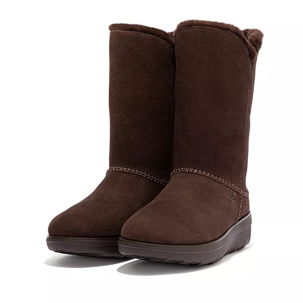 Fitflop MUKLUK Shearling-Forede Semsket Skinn Lærstøvler Dame Sjokolade | 701348-X